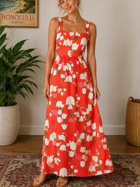 Malia Honolulu Vintage 1960s 1970s Tulip Print Maxi Dress Size 4 39234